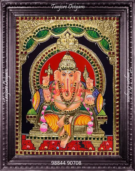 Handmade Lord Vinayagar Tanjore painting seated Ganesha gold foil traditional artwork